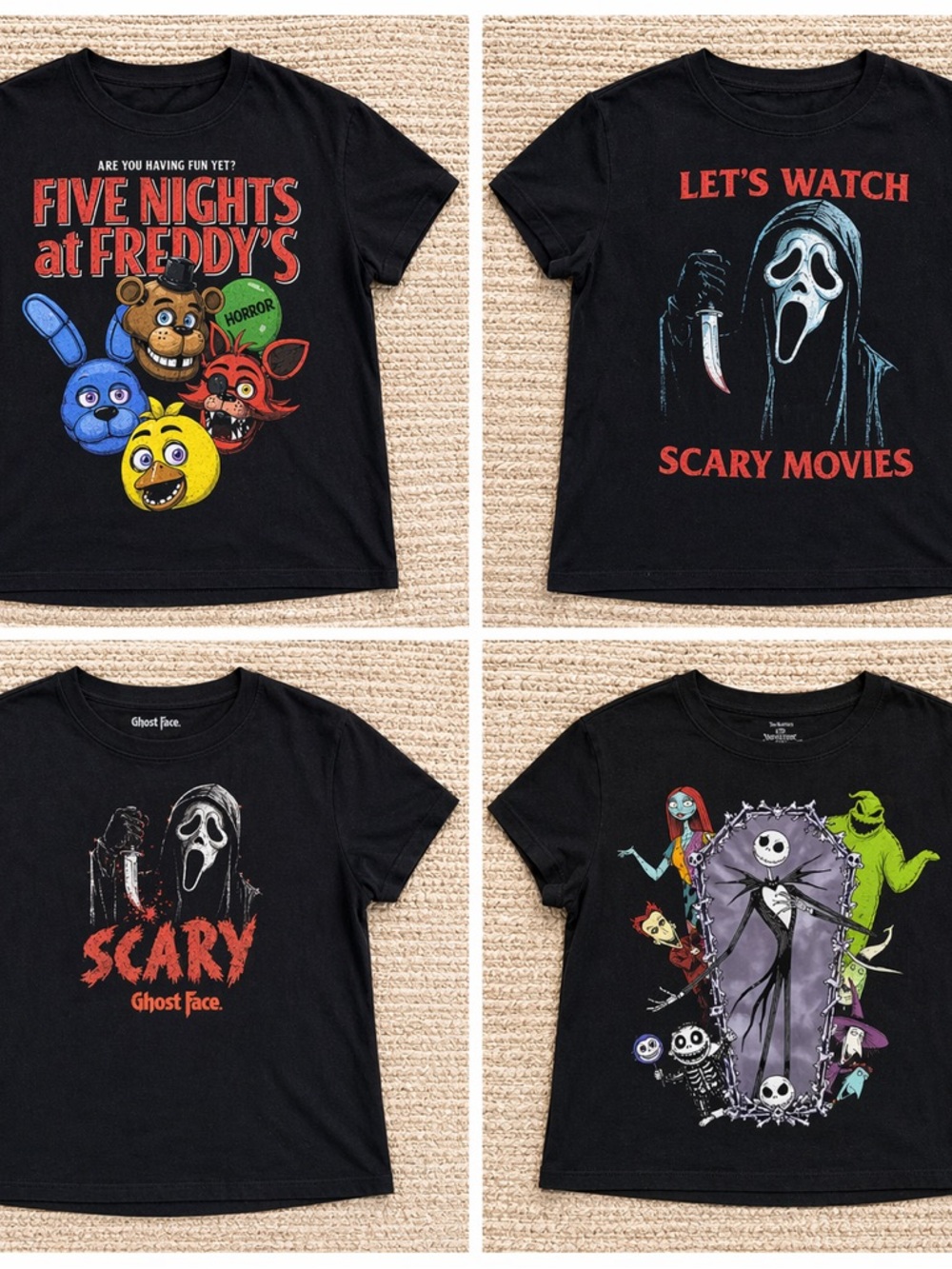 4pc Horror Graphic Crop Tee Bundle | Scream, FNAF, Nightmare Before Christmas